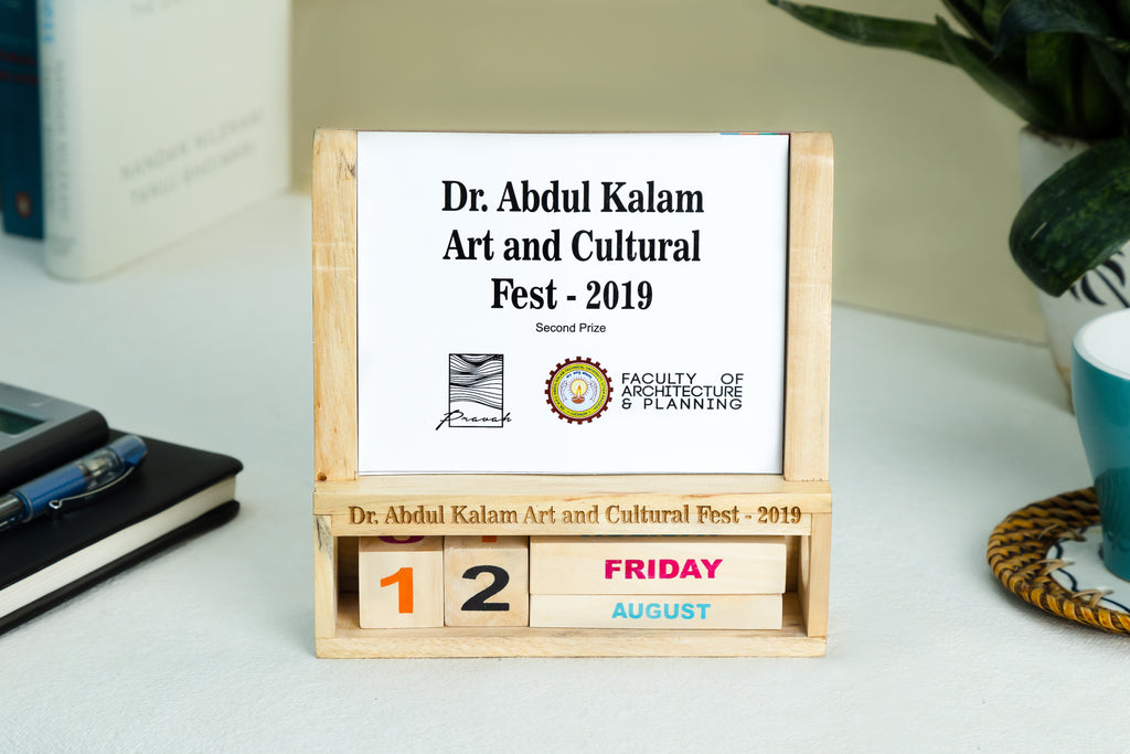 Customised wooden desk calendar with company logo