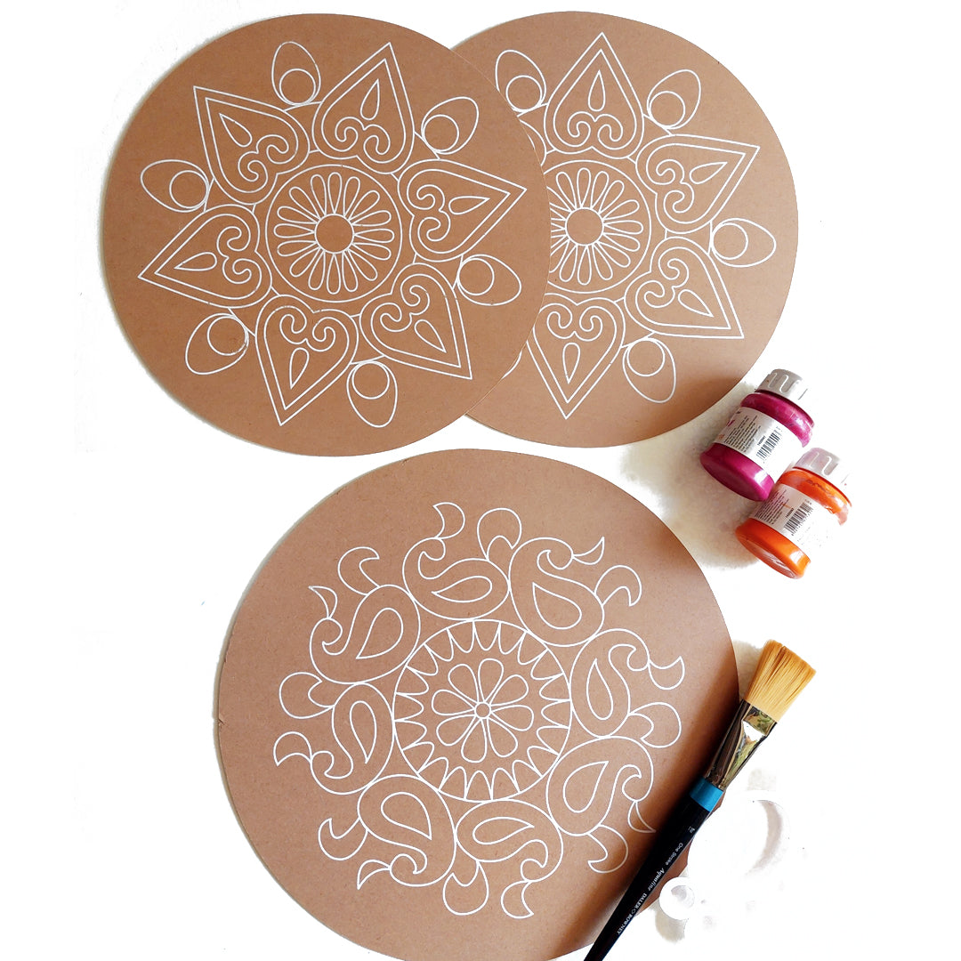 IVEI MDF DIY Rangoli plates- Set of 3, with Pre-drawn design (Circle ...